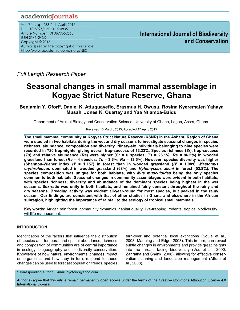Seasonal Changes in Small Mammal Assemblage in Kogyae Strict Nature Reserve, Ghana