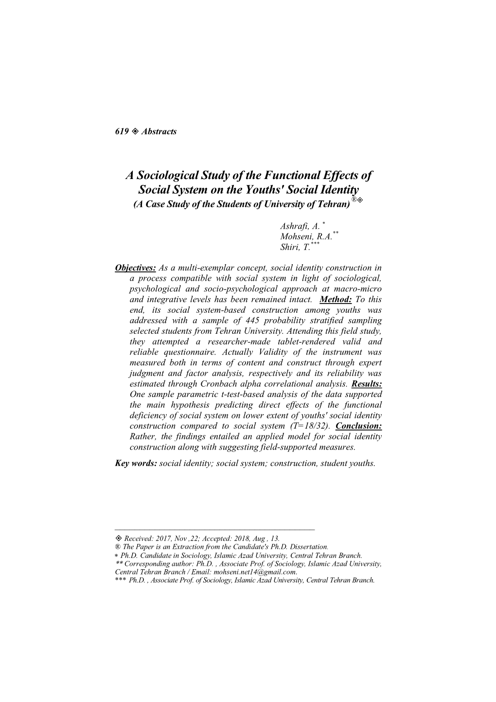 A Sociological Study of the Functional Effects of Social System on the Youths' Social Identity