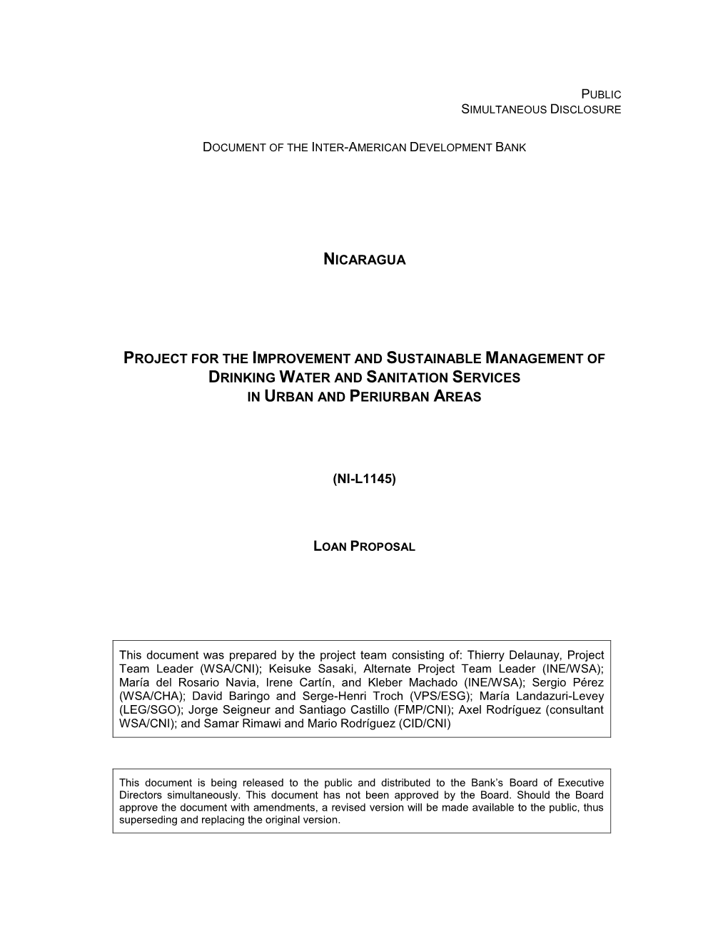 Nicaragua Project for the Improvement and Sustainable Management of Drinking Water and Sanitation Services in Urban and Periurban Areas (Ni-L1145)