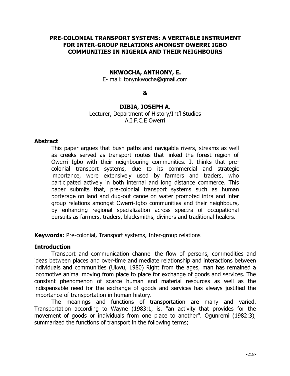 Pre-Colonial Transport Systems: a Veritable Instrument for Inter-Group Relations Amongst Owerri Igbo Communities in Nigeria and Their Neighbours