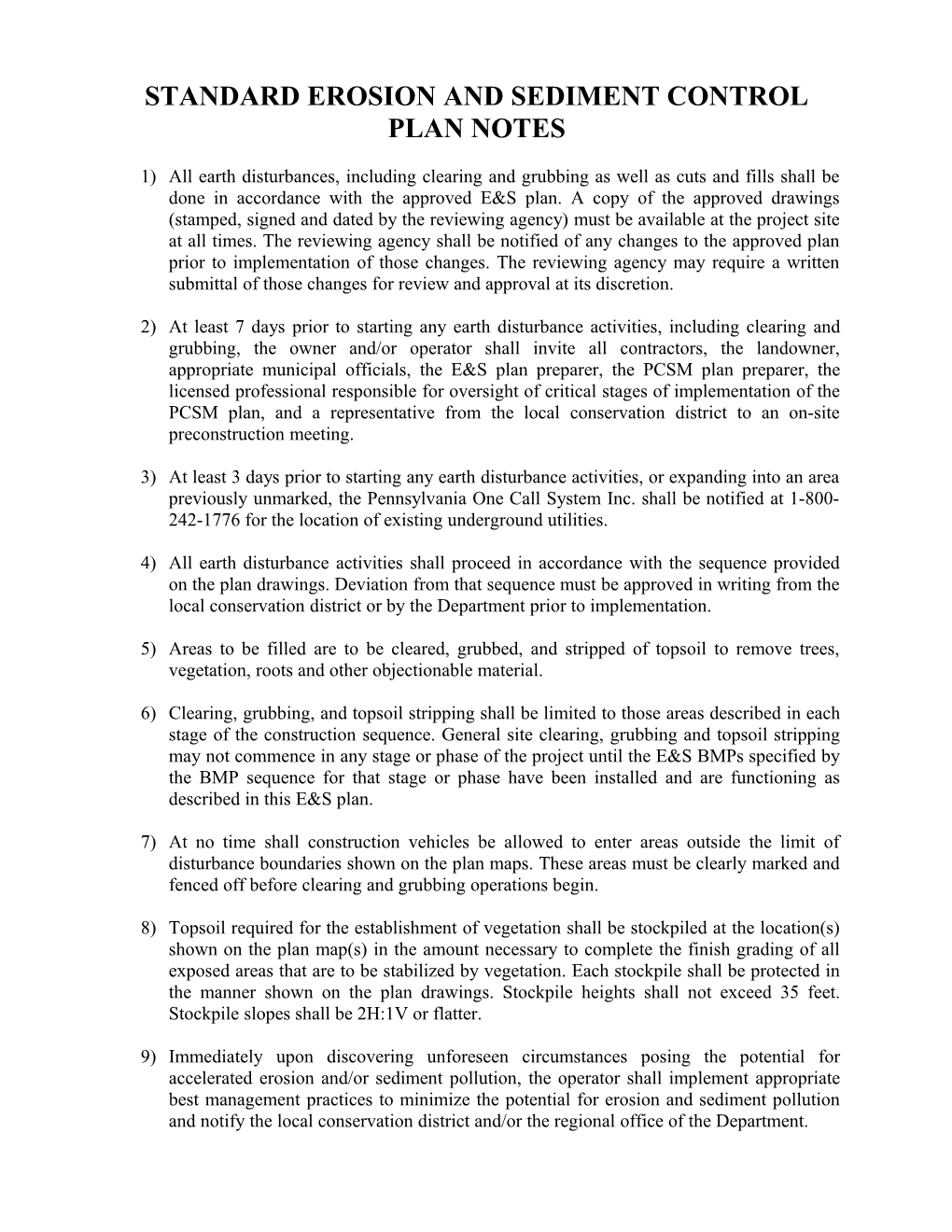 Standard Erosion and Sediment Control Plan Notes