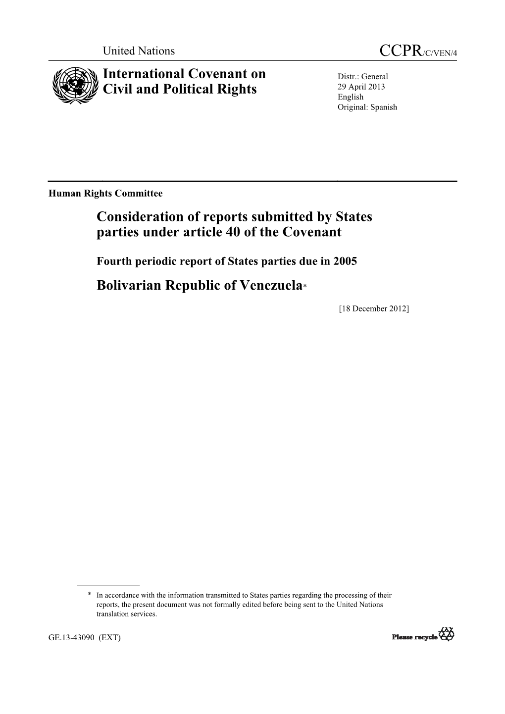 Consideration of Reports Submitted by States Parties Under Article 40 of the Covenant