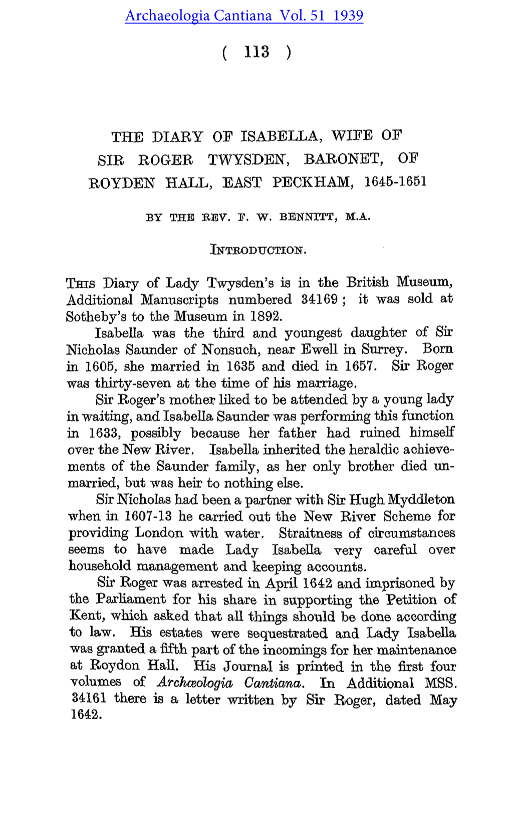 The Diary of Isabella, Wife of Sir Roger Twysden Baronet, of Royden Hall