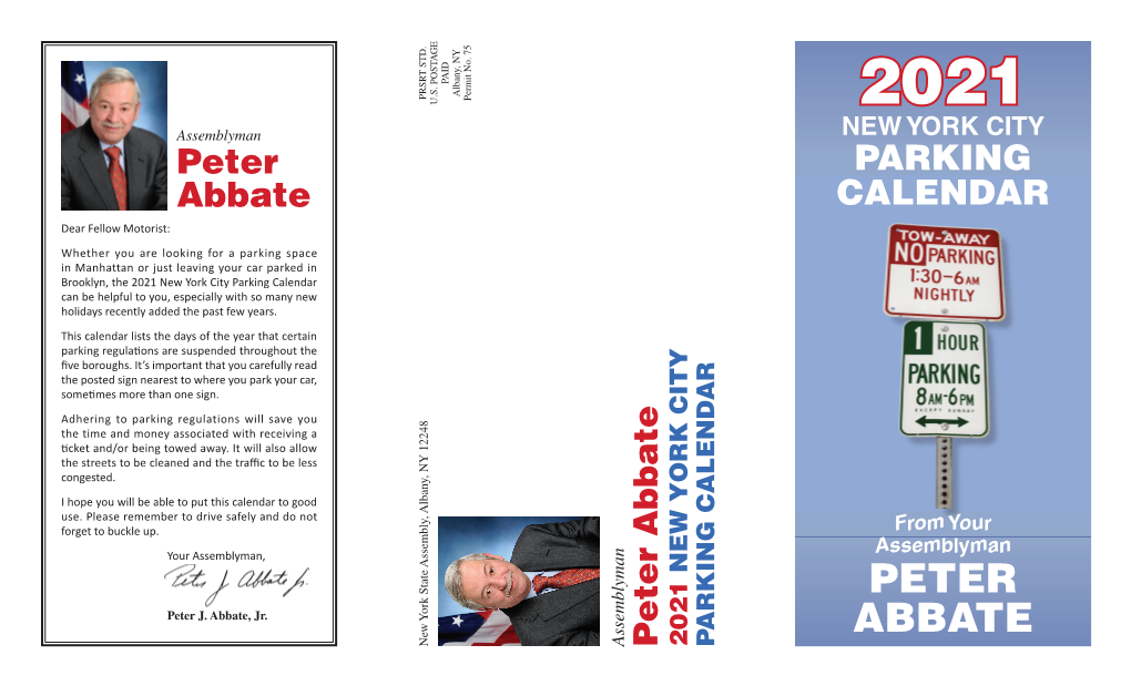 Peter Abbate 2021 NEW YORK CITY PARKING CALENDAR CALENDAR NEW YORK CITY NEW YORK ABBATE PARKING 2021 PETER Assemblyman from Your 2021 NEW YORK CITY PARKING CALENDAR