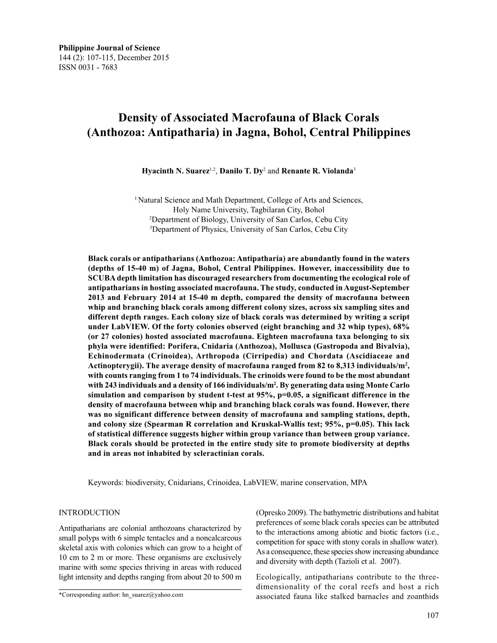 Density of Associated Macrofauna of Black Corals (Anthozoa: Antipatharia) in Jagna, Bohol, Central Philippines