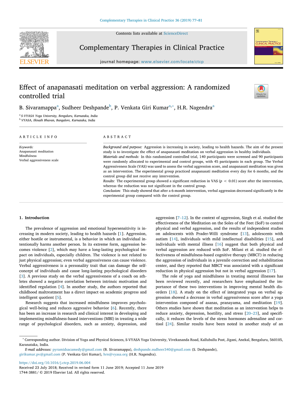 Effect of Anapanasati Meditation on Verbal Aggression a Randomized