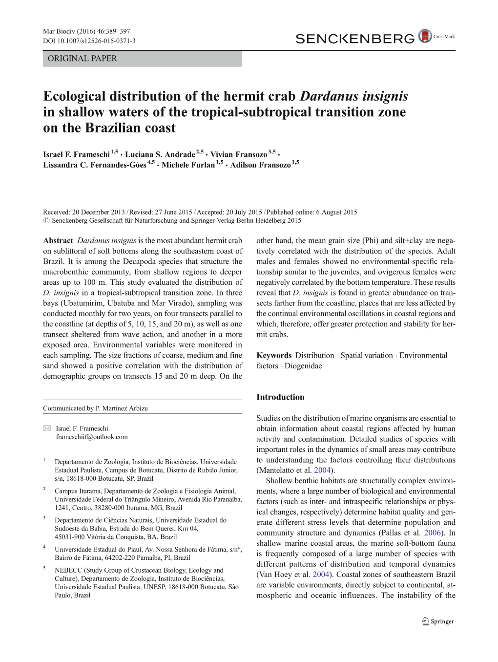 Ecological Distribution of the Hermit Crab Dardanus Insignis in Shallow Waters of the Tropical-Subtropical Transition Zone on the Brazilian Coast