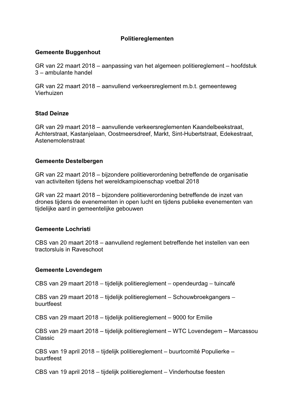 Politiereglementen Gemeente Buggenhout GR Van 22 Maart 2018