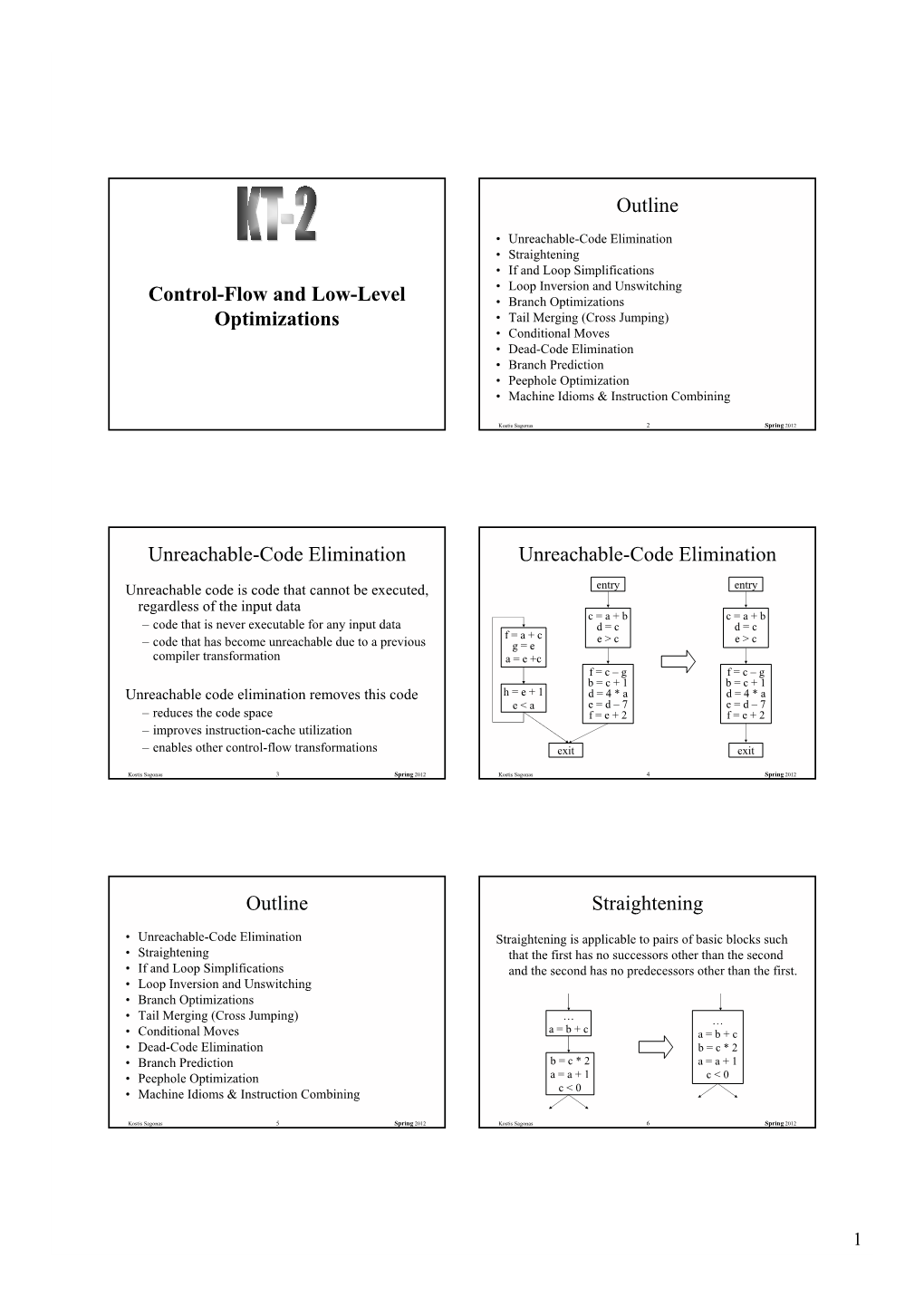 Control-Flow and Low-Level Optimizations Outline Unreachable-Code Elimination Unreachable-Code Elimination Outline Straightening