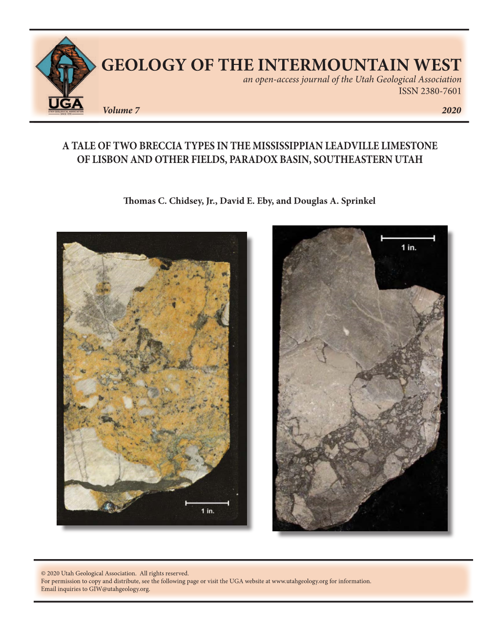 GEOLOGY of the INTERMOUNTAIN WEST an Open-Access Journal of the Utah Geological Association ISSN 2380-7601 Volume 7 2020