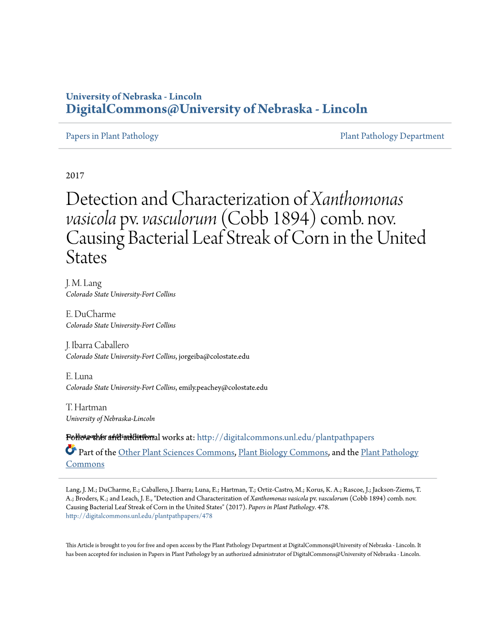 Detection and Characterization of Xanthomonas Vasicola Pv