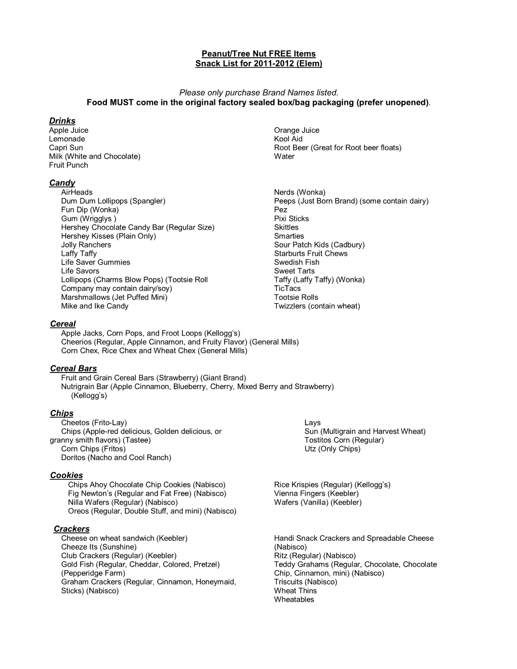 Peanut/Tree Nut FREE Items Snack List for 20112012