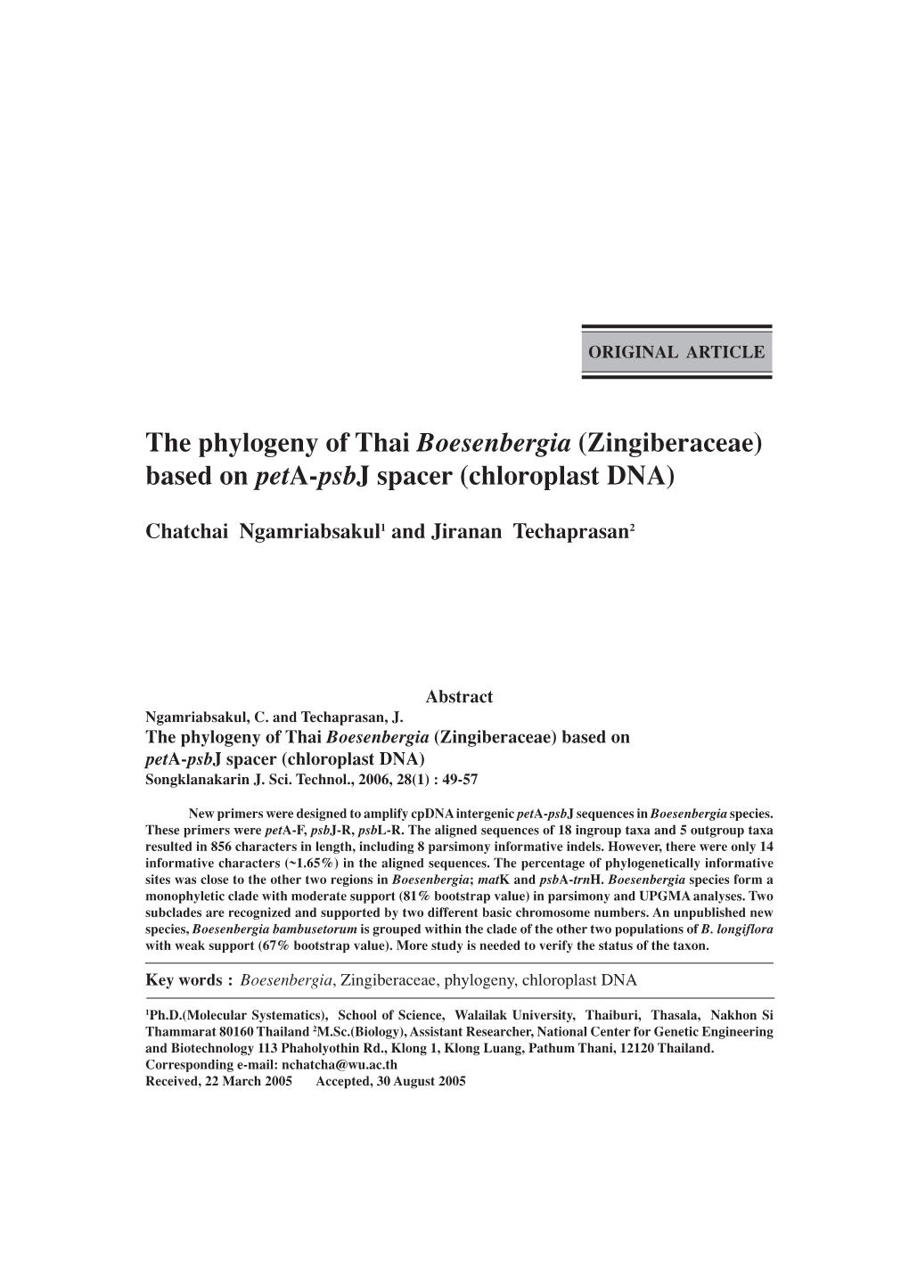 The Phylogeny of Thai Boesenbergia (Zingiberaceae) Based on Peta-Psbj Spacer (Chloroplast DNA)
