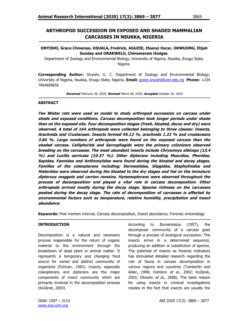 Arthropod Succession on Exposed and Shaded Mammalian Carcasses in Nsukka, Nigeria