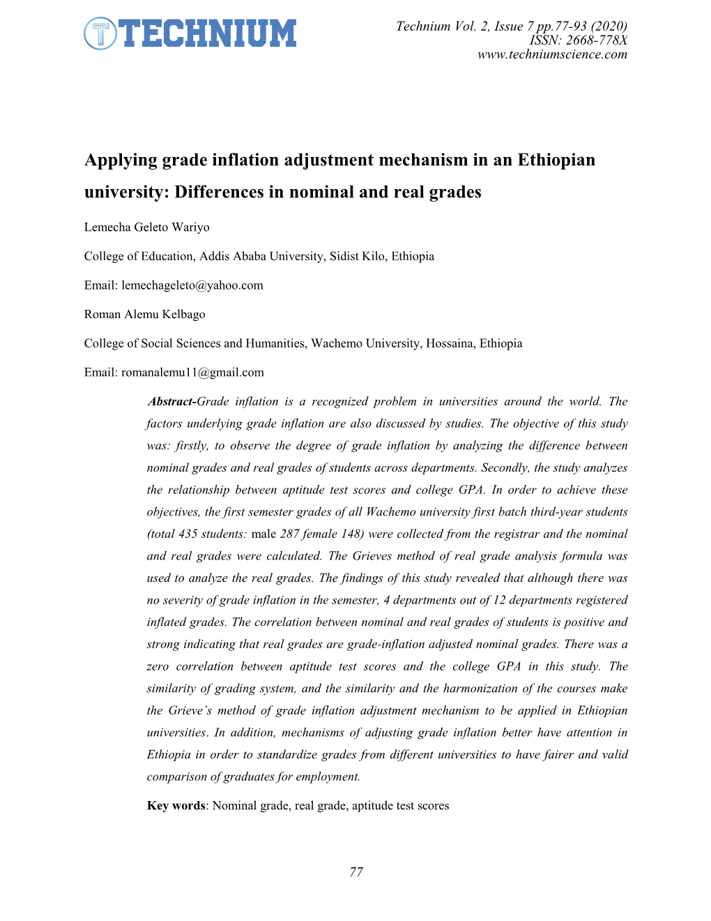 Applying Grade Inflation Adjustment Mechanism in an Ethiopian University: Differences in Nominal and Real Grades