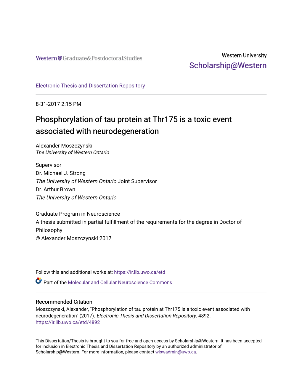 Phosphorylation of Tau Protein at Thr175 Is a Toxic Event Associated with Neurodegeneration