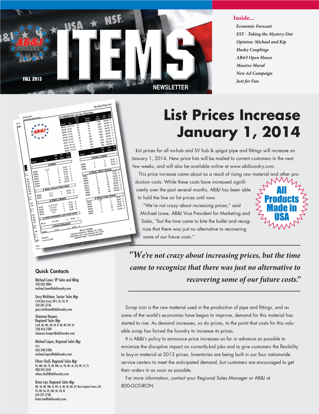 List Prices Increase January 1, 2014