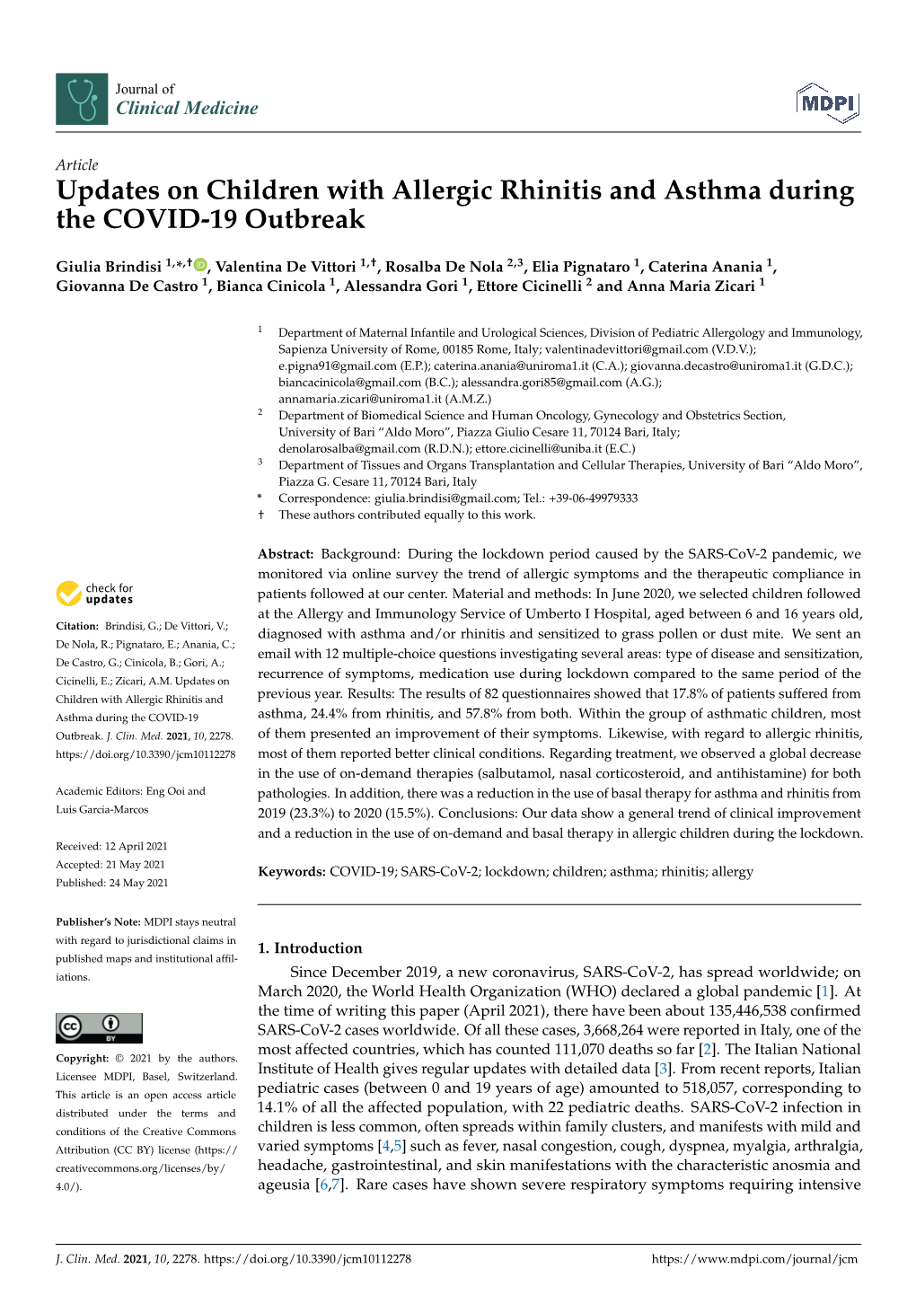 Updates on Children with Allergic Rhinitis and Asthma During the COVID-19 Outbreak