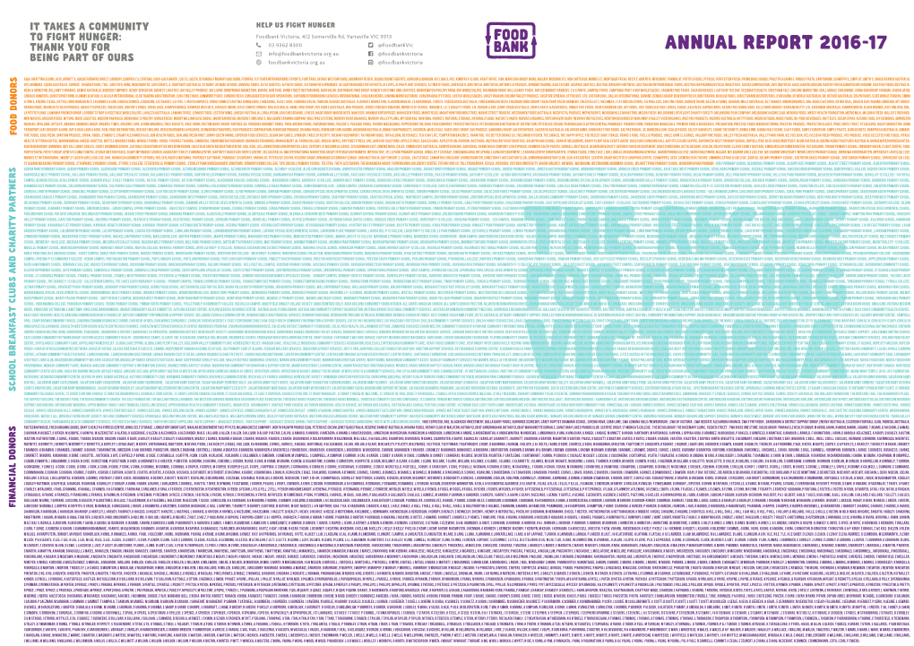 ANNUAL REPORT 2016-17 Info@Foodbankvictoria.Org.Au @Foodbankvictoria BEING PART of OURS Foodbankvictoria.Org.Au @Foodbankvictoria