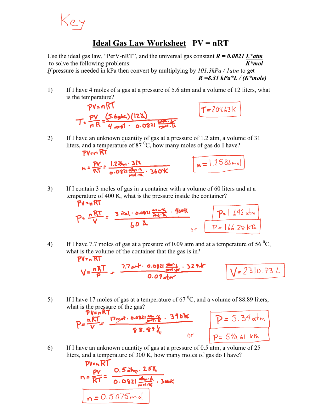 Ideal Gas Law Worksheet PV = Nrt