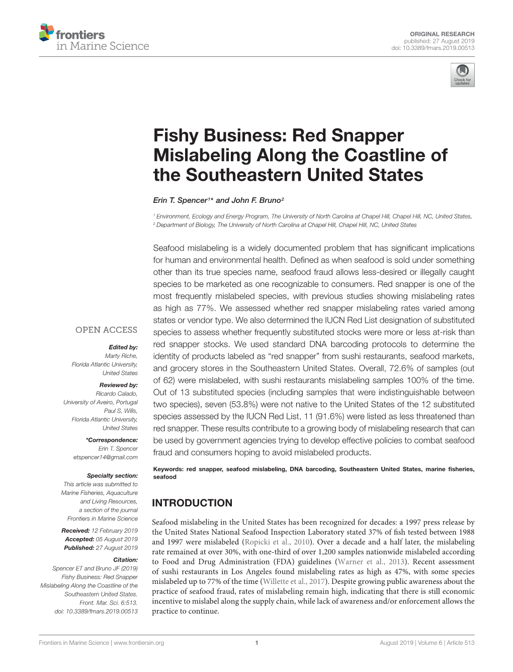 Red Snapper Mislabeling Along the Coastline of the Southeastern United States