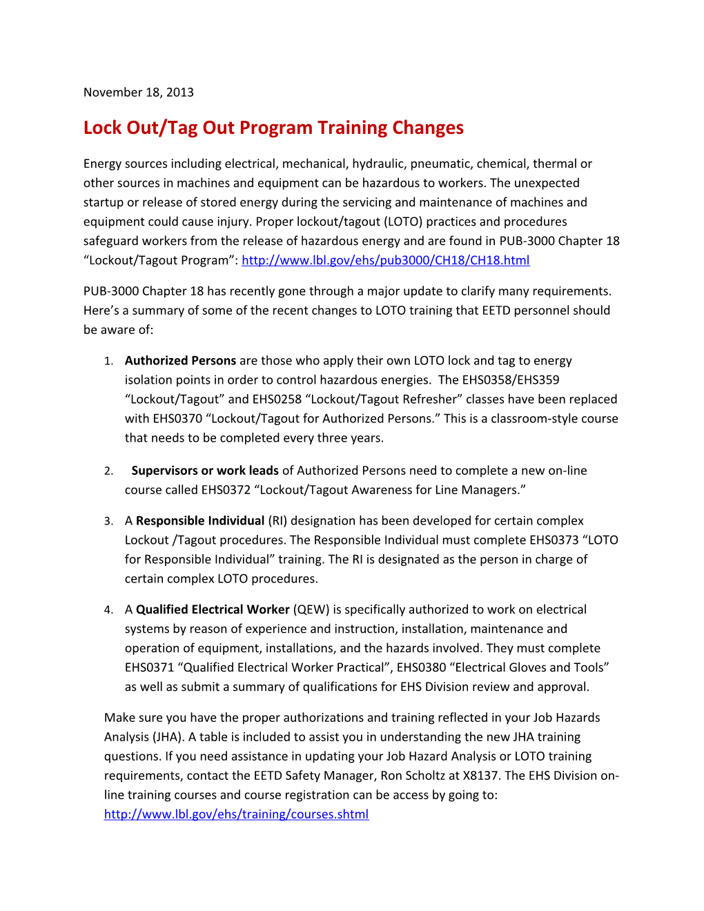 Lock Out/Tag out Program Training Changes