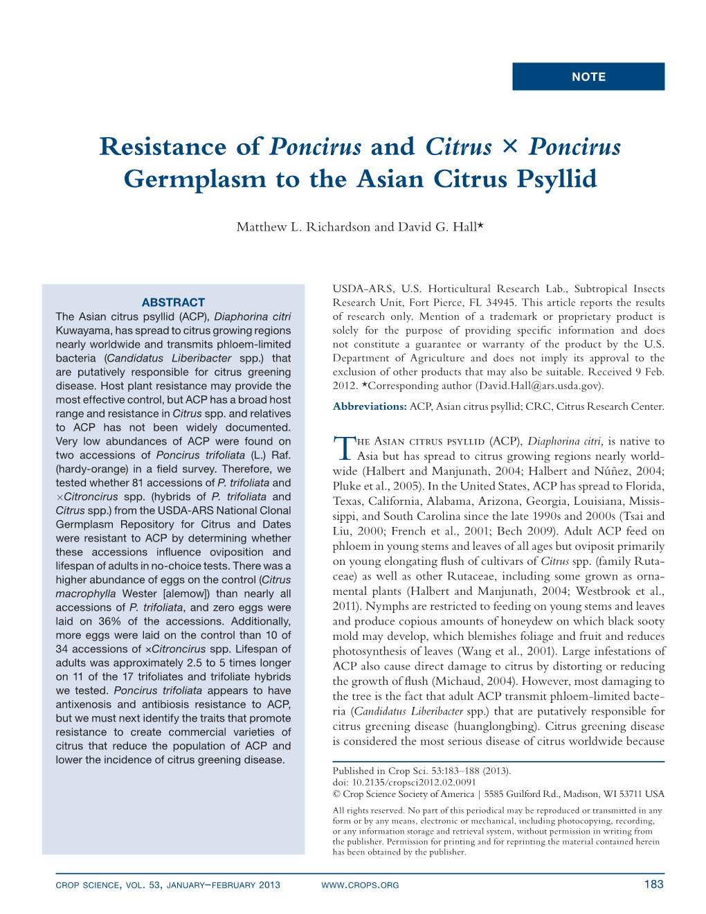 Resistance of Poncirus and Citrus × Poncirus Germplasm to the Asian Citrus Psyllid