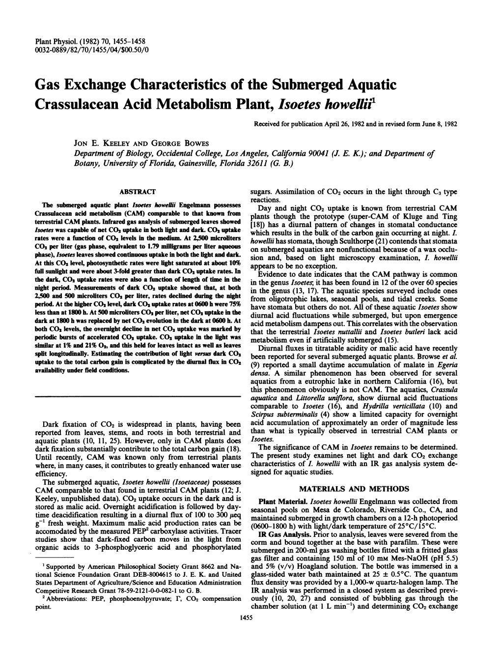 Gas Exchange Characteristics Ofthe Submerged Aquatic Crassulacean Acid Metabolism Plant, Isoetes Howeliii