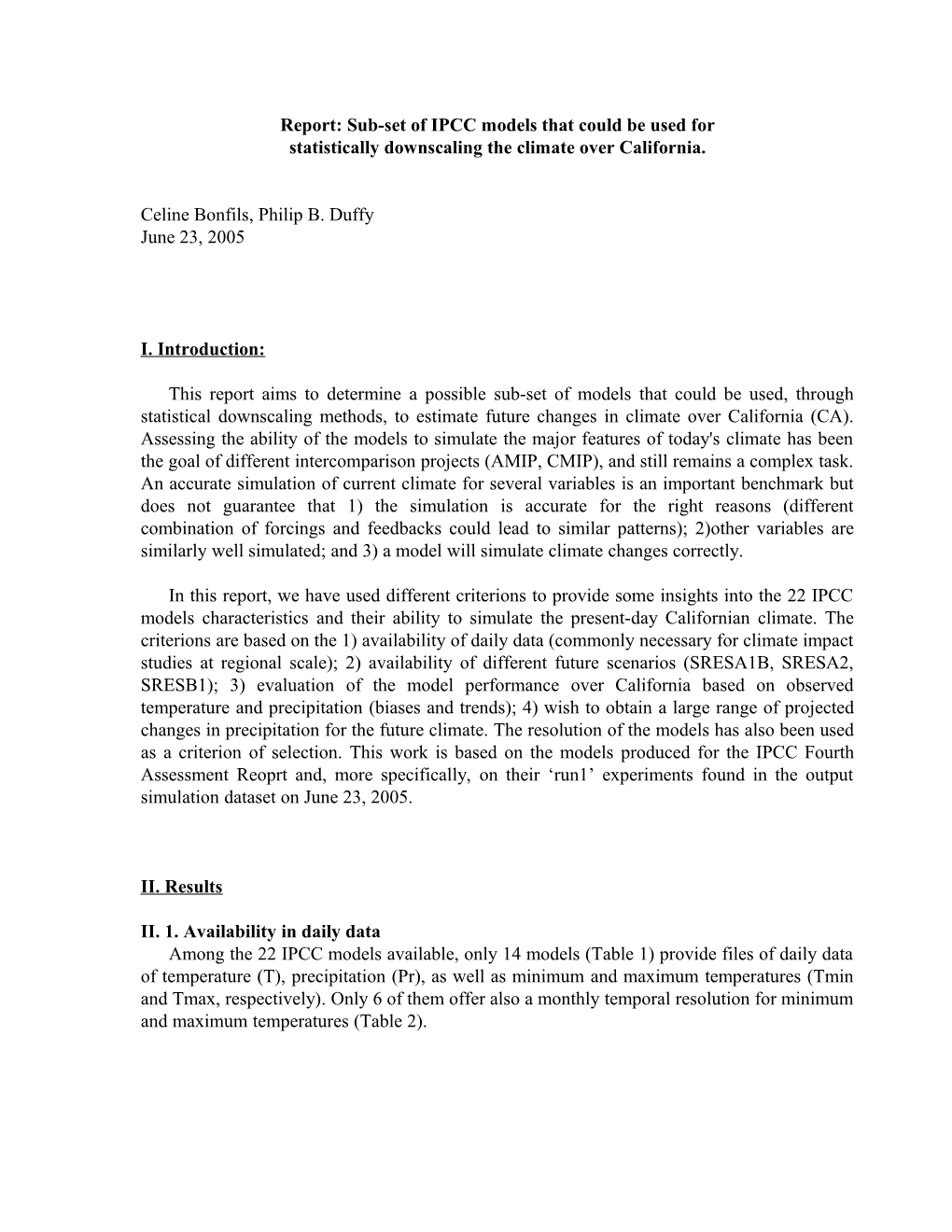 Report: Sub-Set of the IPCC Models That Could Be Used For