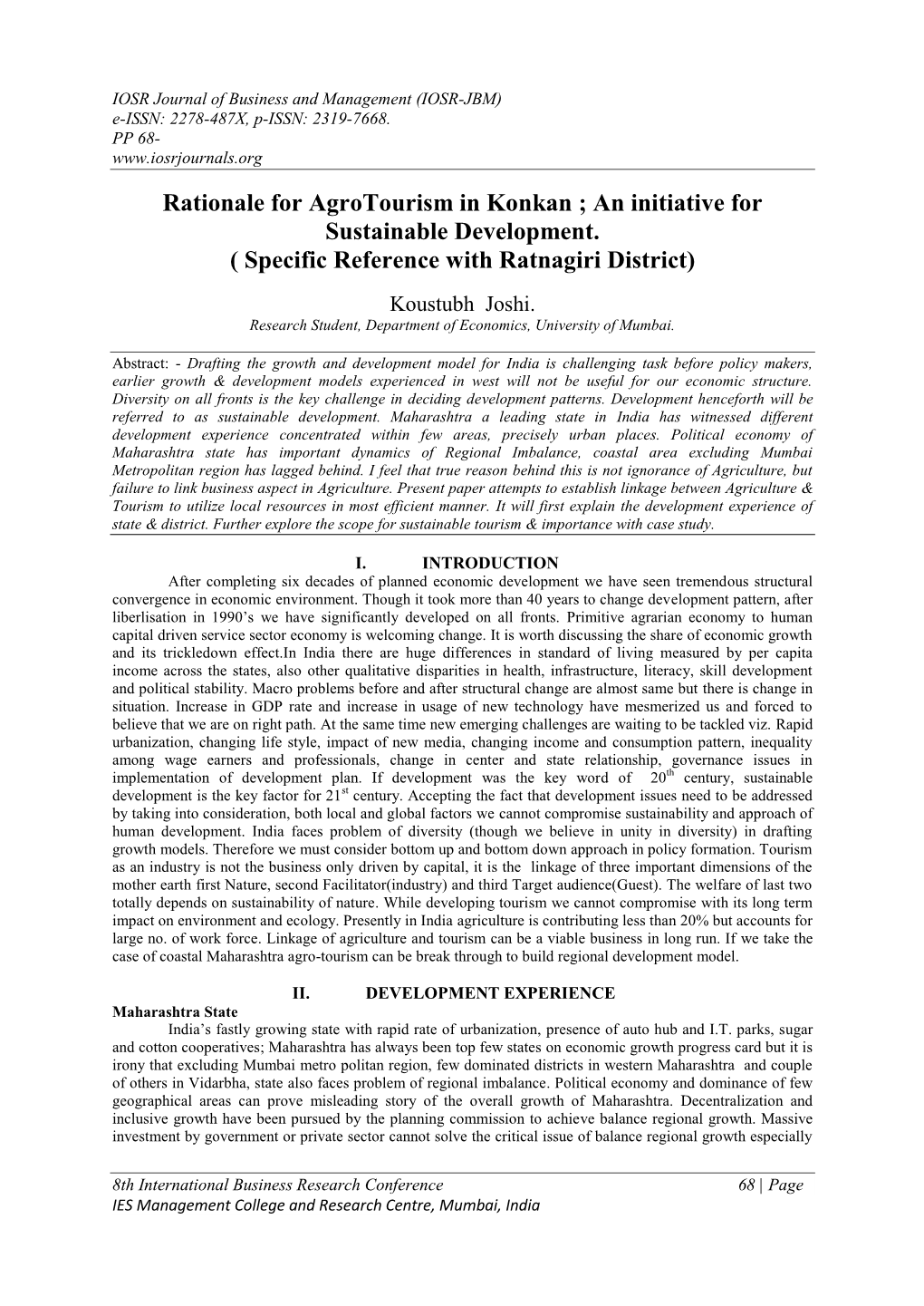 Rationale for Agrotourism in Konkan ; an Initiative for Sustainable Development