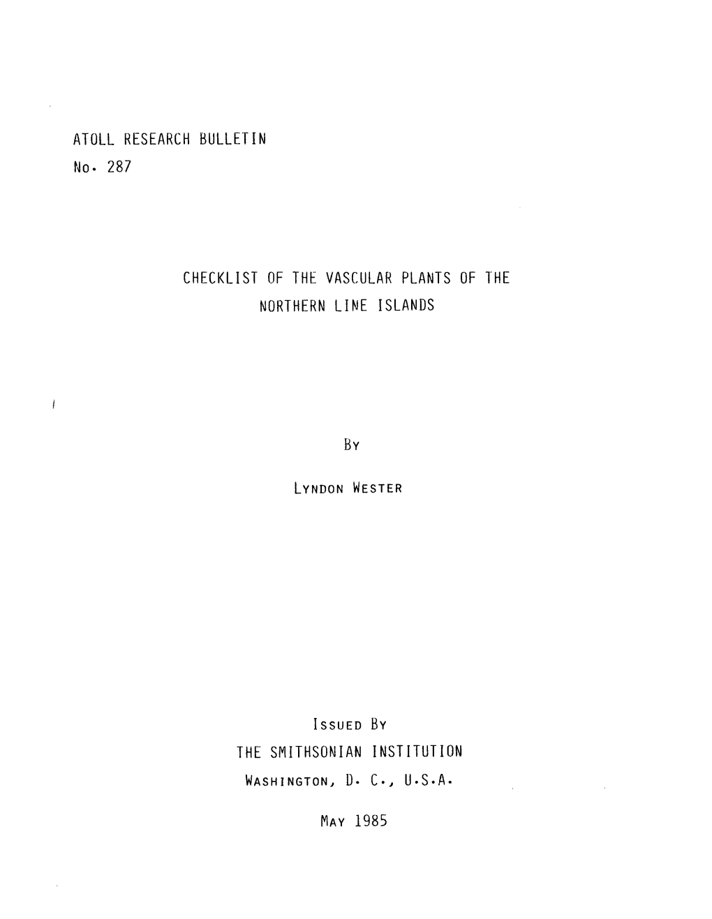 Atoll Research Bulletin No- 287 Checklist of the Vascular Plants of the Northern Line Islands Issued by the Smithsonian Institut