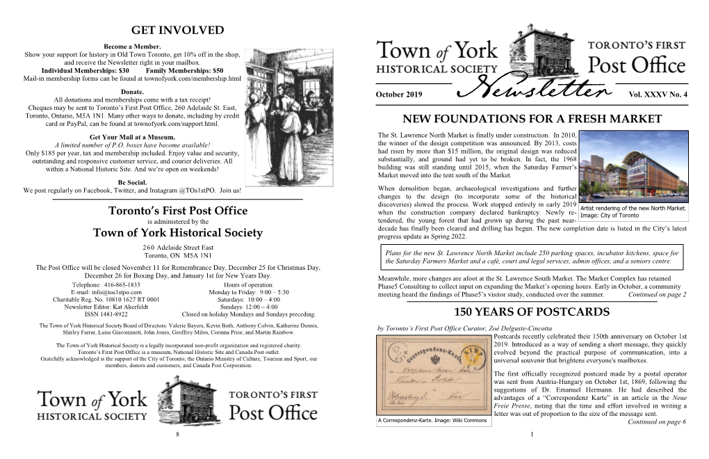 Toronto's First Post Office Town of York Historical Society GET INVOLVED 150 YEARS of POSTCARDS NEW FOUNDATIONS for a FRESH MA