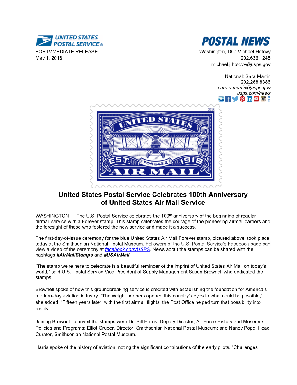 United States Postal Service Celebrates 100Th Anniversary of United States Air Mail Service