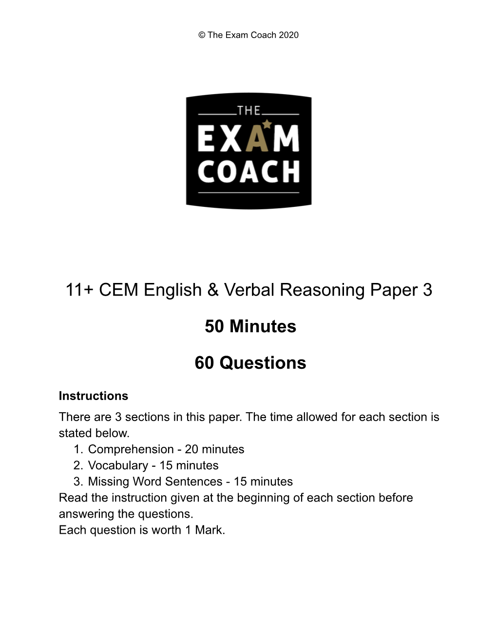 The Exam Coach 11+ CEM English & Verbal Reasoning Paper 3