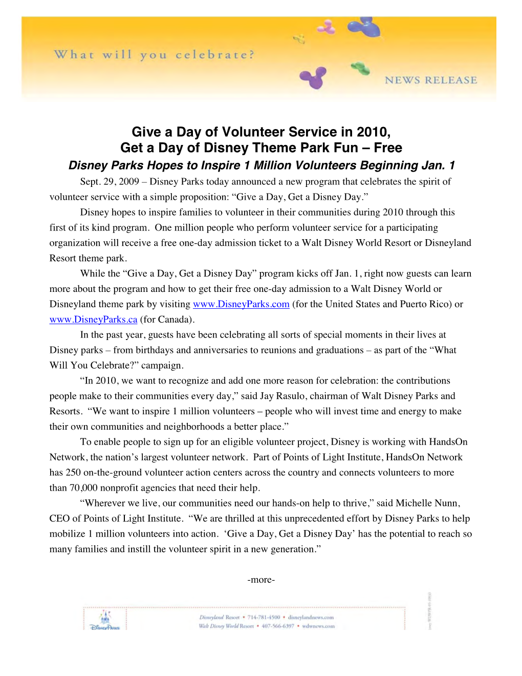 Give a Day of Volunteer Service in 2010, Get a Day of Disney Theme Park Fun – Free