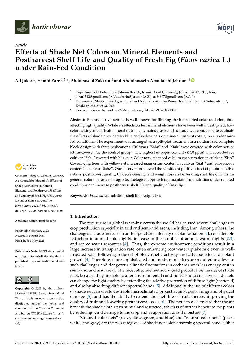 Effects of Shade Net Colors on Mineral Elements and Postharvest Shelf Life and Quality of Fresh Fig (Ficus Carica L.) Under Rain-Fed Condition