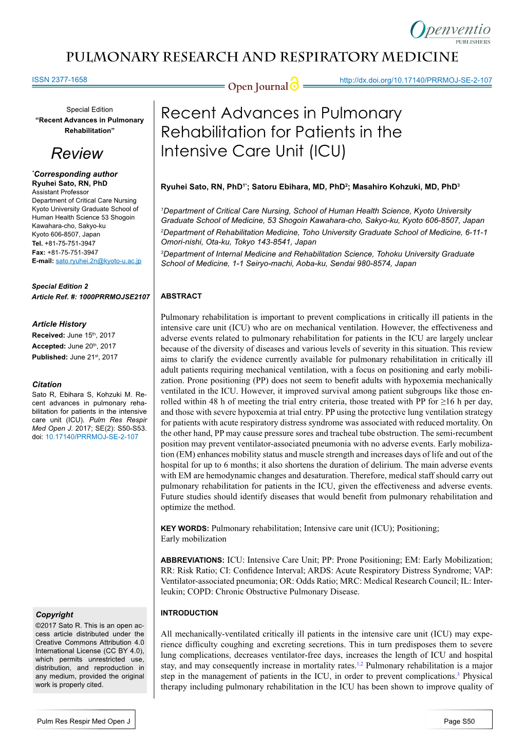 Recent Advances in Pulmonary Rehabilitation for Patients in The