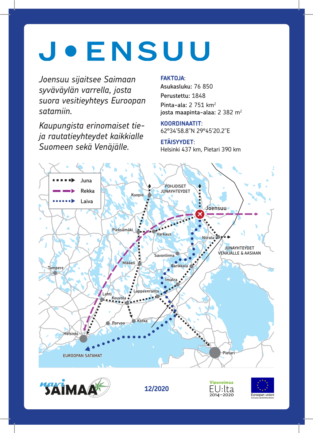 Joensuu Sijaitsee Saimaan Syväväylän Varrella, Josta Suora Vesitieyhteys Euroopan Satamiin. Kaupungista Erinomaiset Tie- Ja R