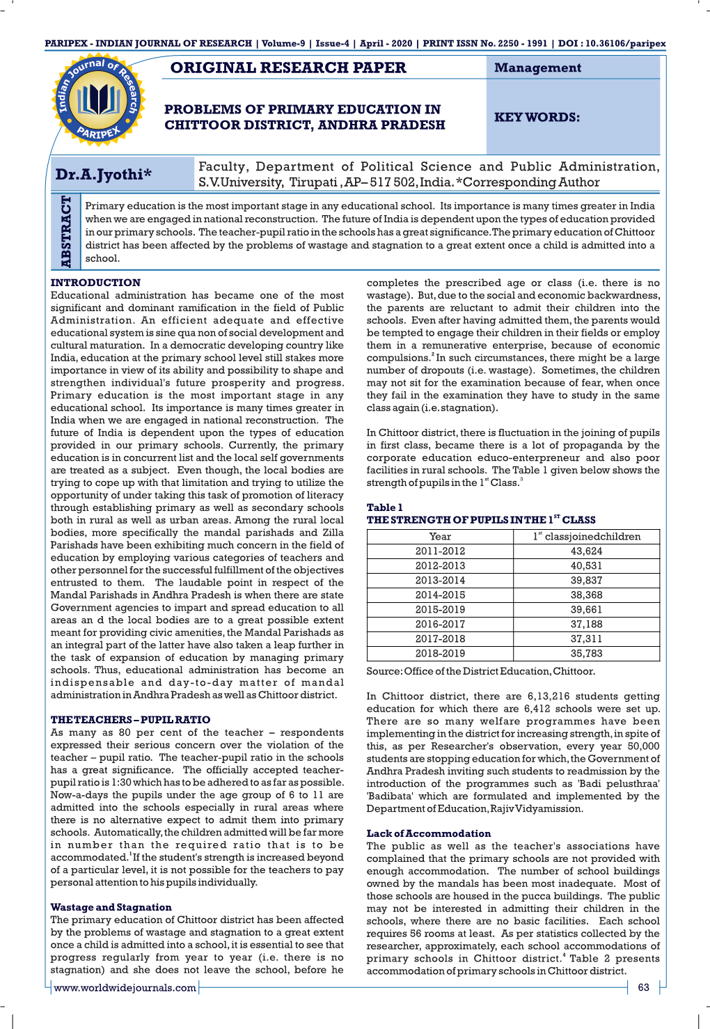 ORIGINAL RESEARCH PAPER Dr.A.Jyothi*