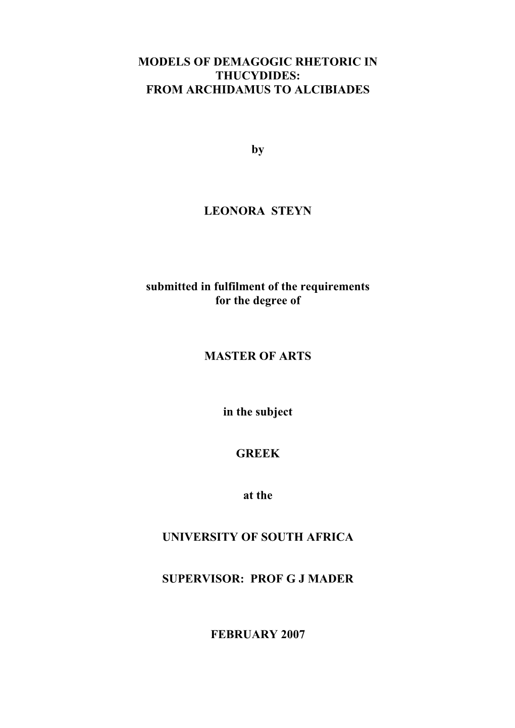 Models of Demagogic Rhetoric in Thucydides: from Archidamus to Alcibiades