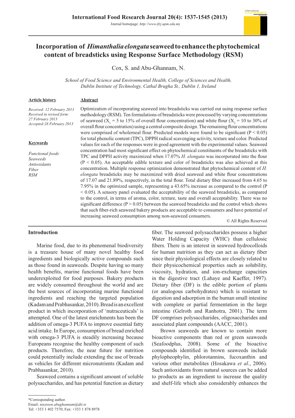 Incorporation of Himanthalia Elongata Seaweed to Enhance the Phytochemical Content of Breadsticks Using Response Surface Methodology (RSM)