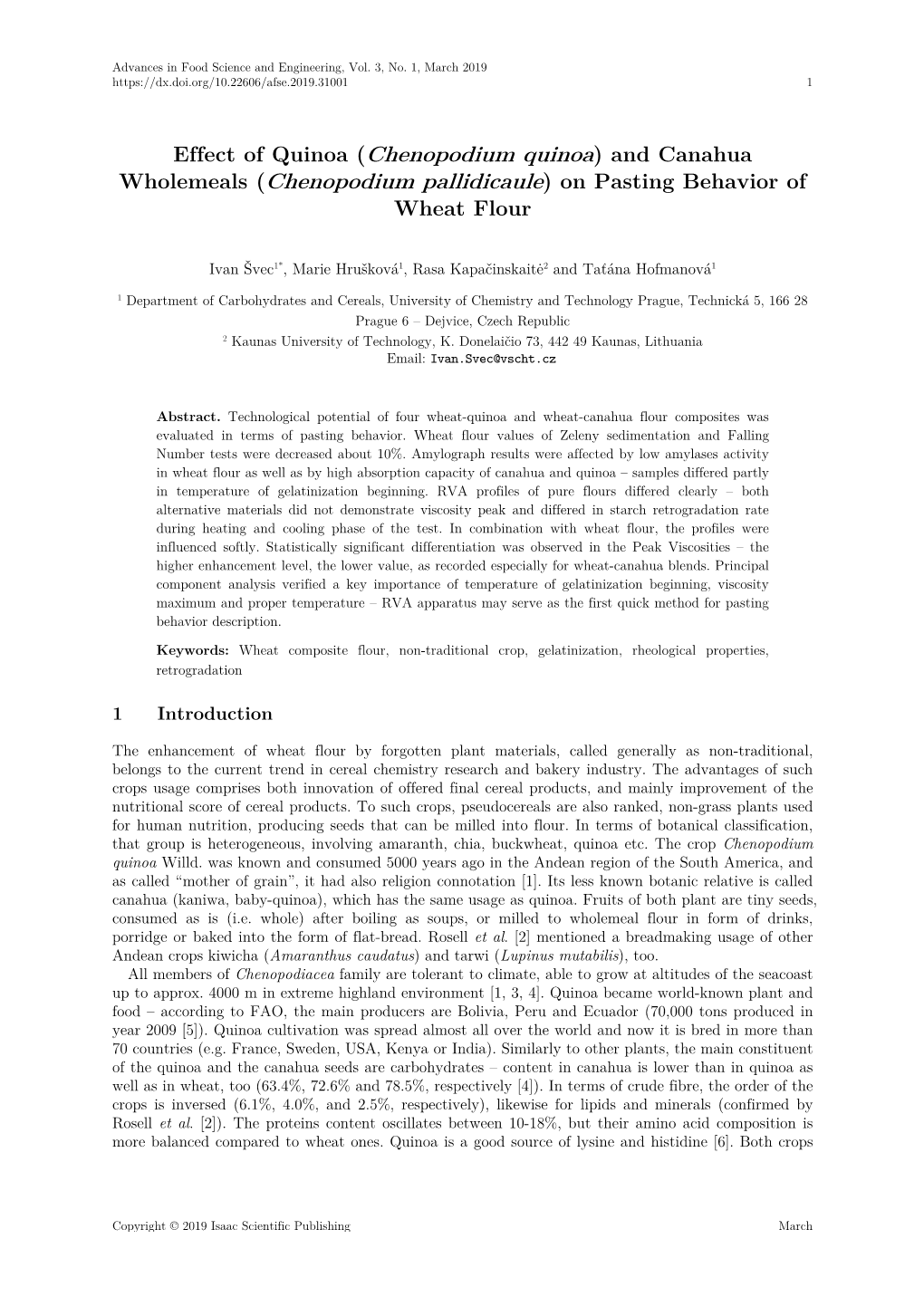 Chenopodium Pallidicaule) on Pasting Behavior of Wheat Flour