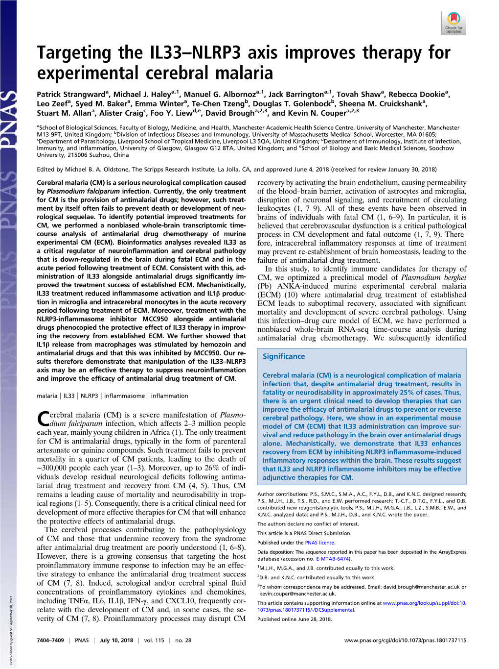 Targeting the IL33–NLRP3 Axis Improves Therapy for Experimental Cerebral Malaria