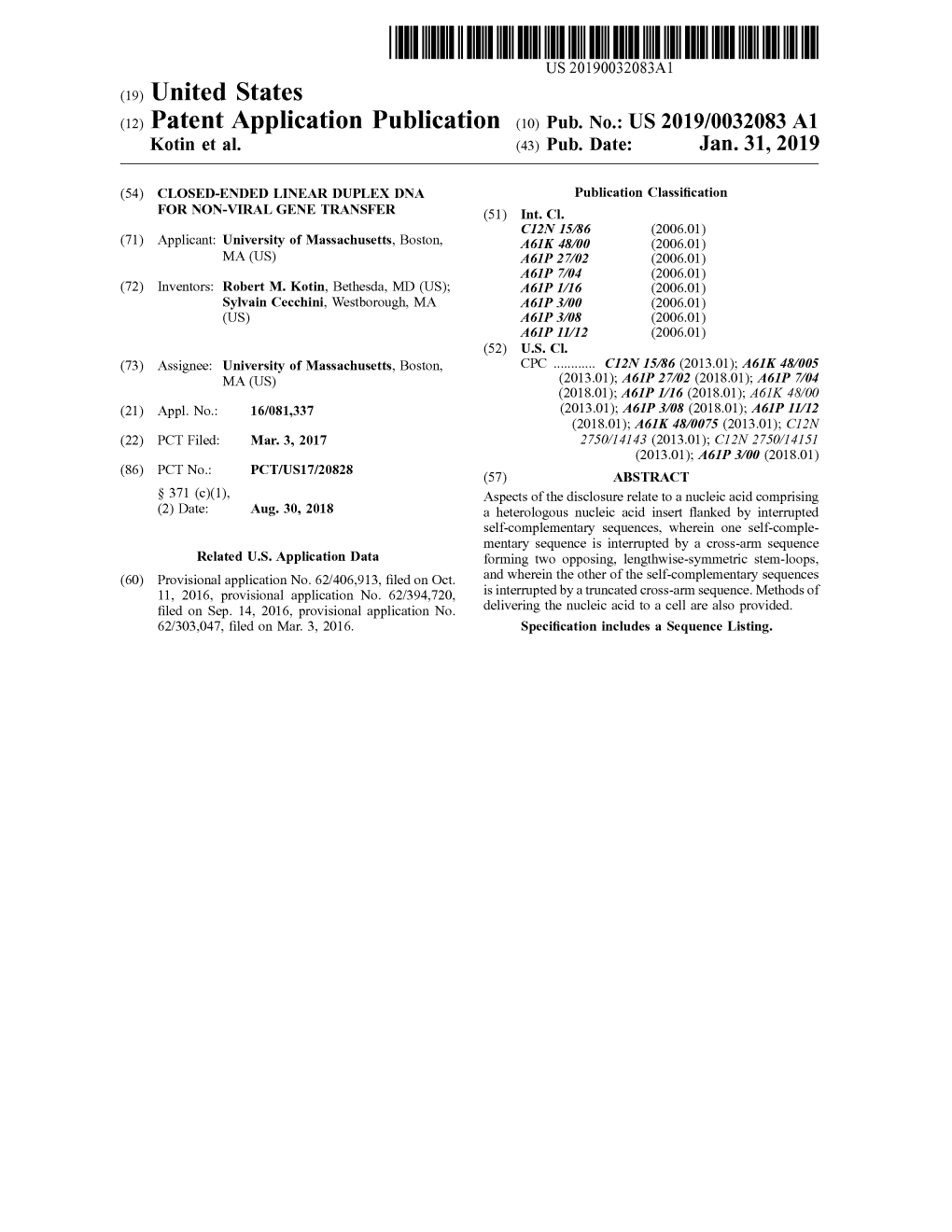 US 2019 / 0032083 A1 Kotin Et Al