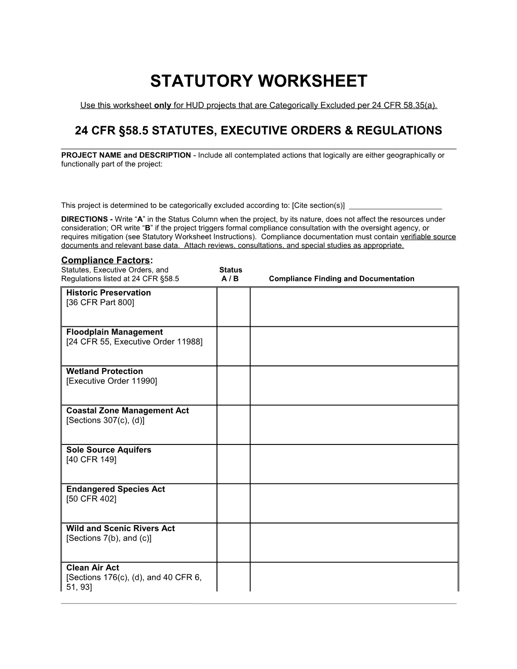 STATUTORY WORKSHEET For CATEGORICALLY EXCLUDED PROJECTS