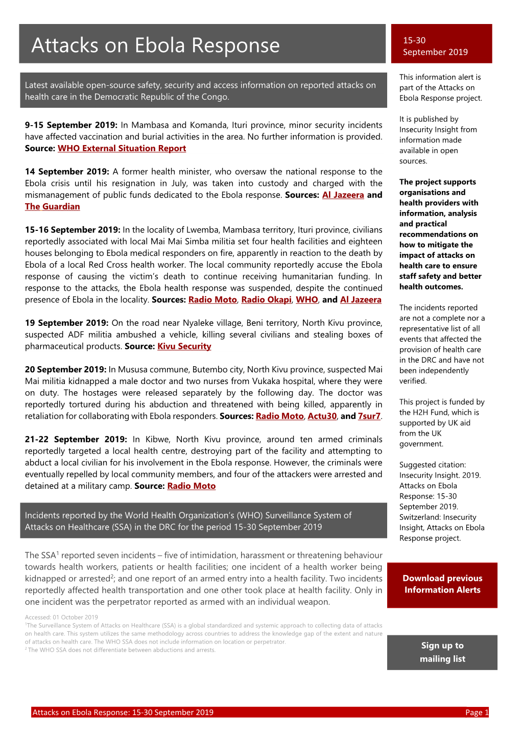Attacks on Ebola Response September 2019