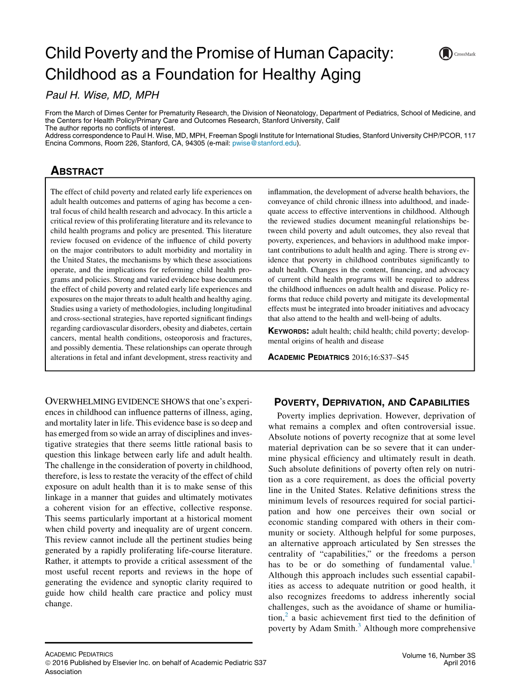 Child Poverty and the Promise of Human Capacity: Childhood As a Foundation for Healthy Aging Paul H