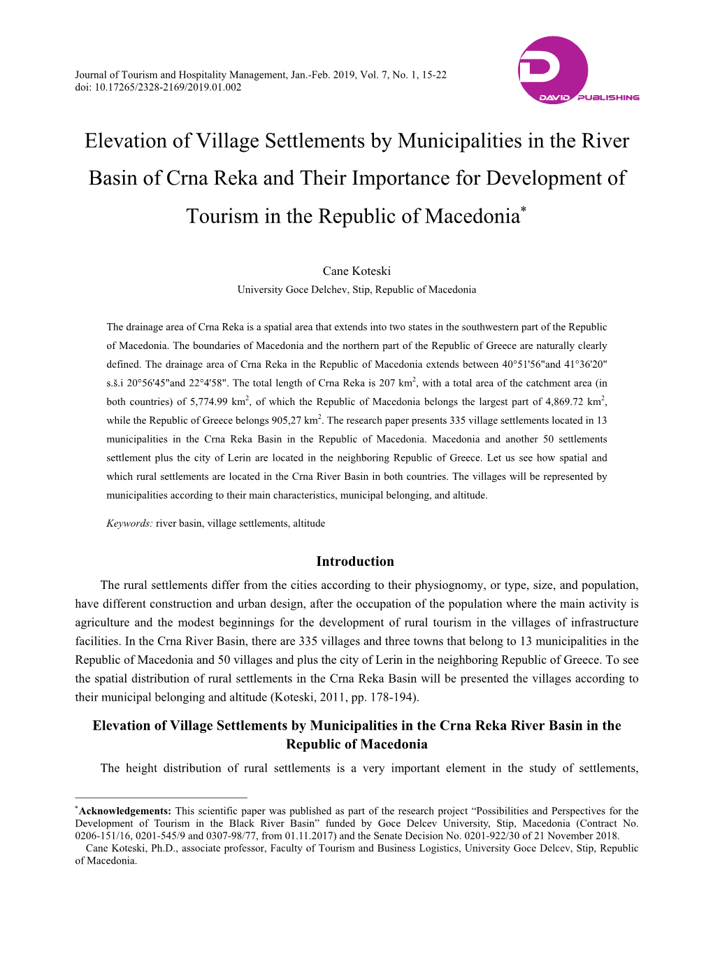 Elevation of Village Settlements by Municipalities in the River Basin of Crna Reka and Their Importance for Development of Tourism in the Republic of Macedonia∗