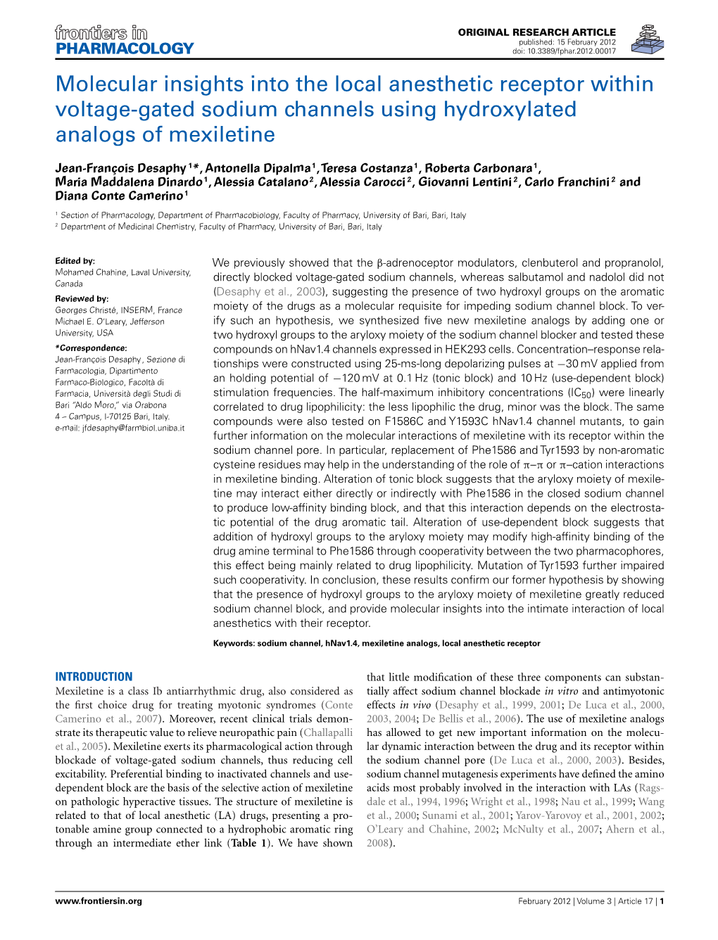 Molecular Insights Into the Local Anesthetic Receptor Within Voltage-Gated Sodium Channels Using Hydroxylated Analogs of Mexiletine