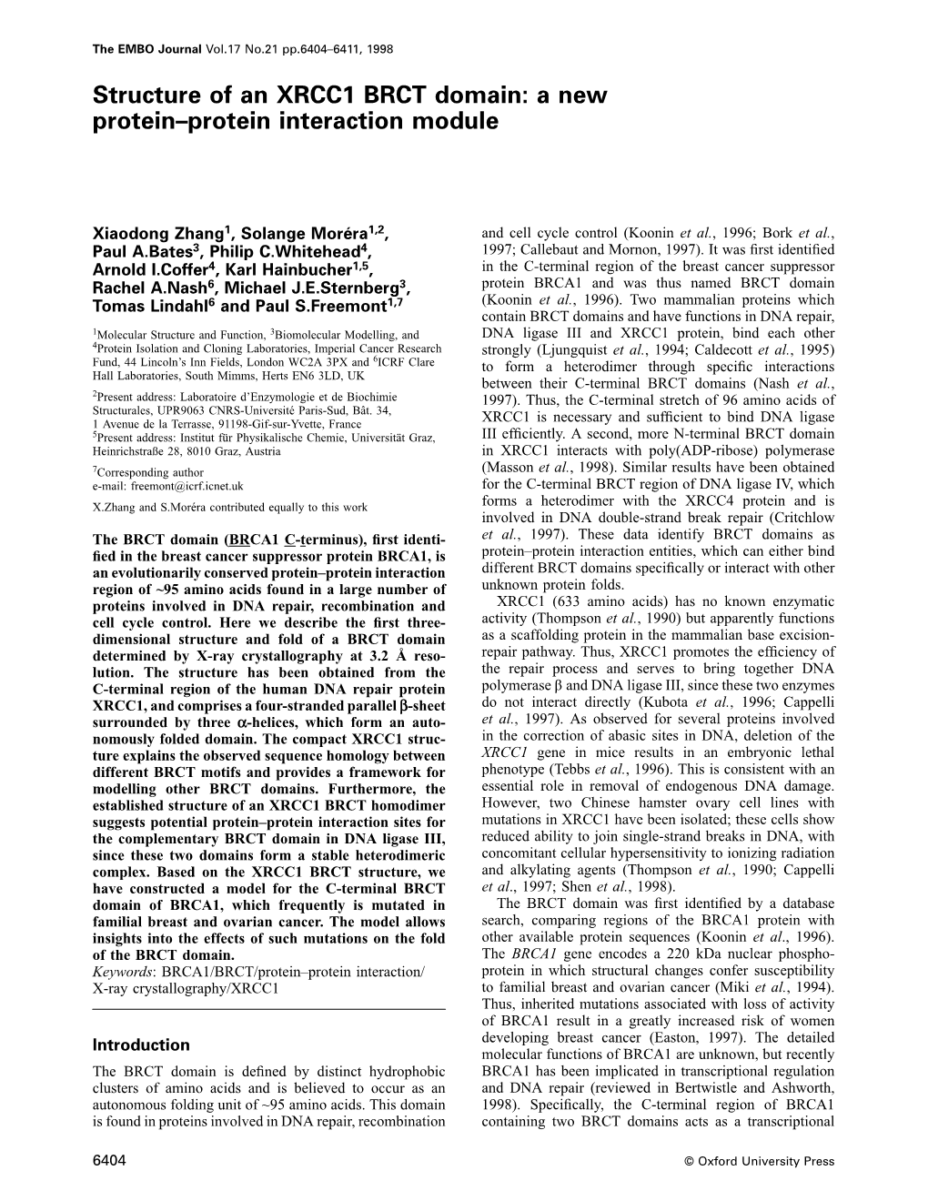 Structure of an XRCC1 BRCT Domain: a New Protein-Protein